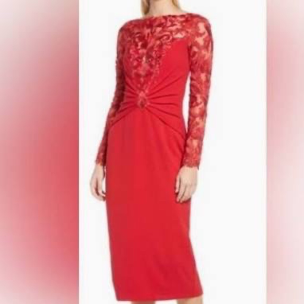Tadashi Shoji Red Ruched Lace Bodice Evening Midi Dress Sz S